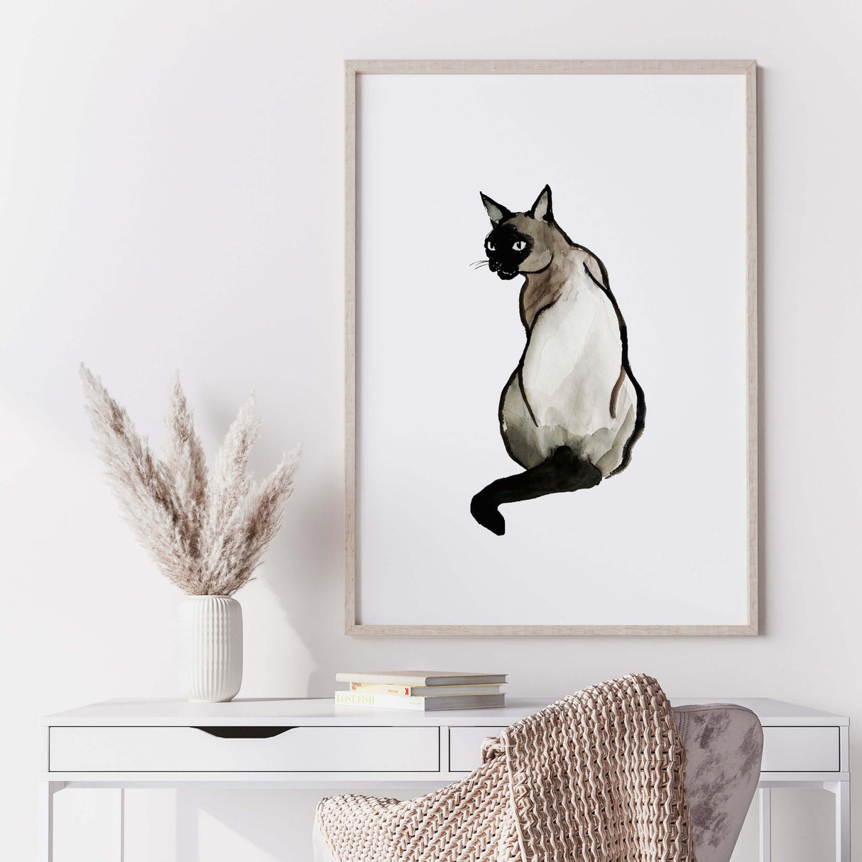 Watercolor japanese siamese cat poster for japandi home decor, wabi-sabi home decor, beige black home decor.