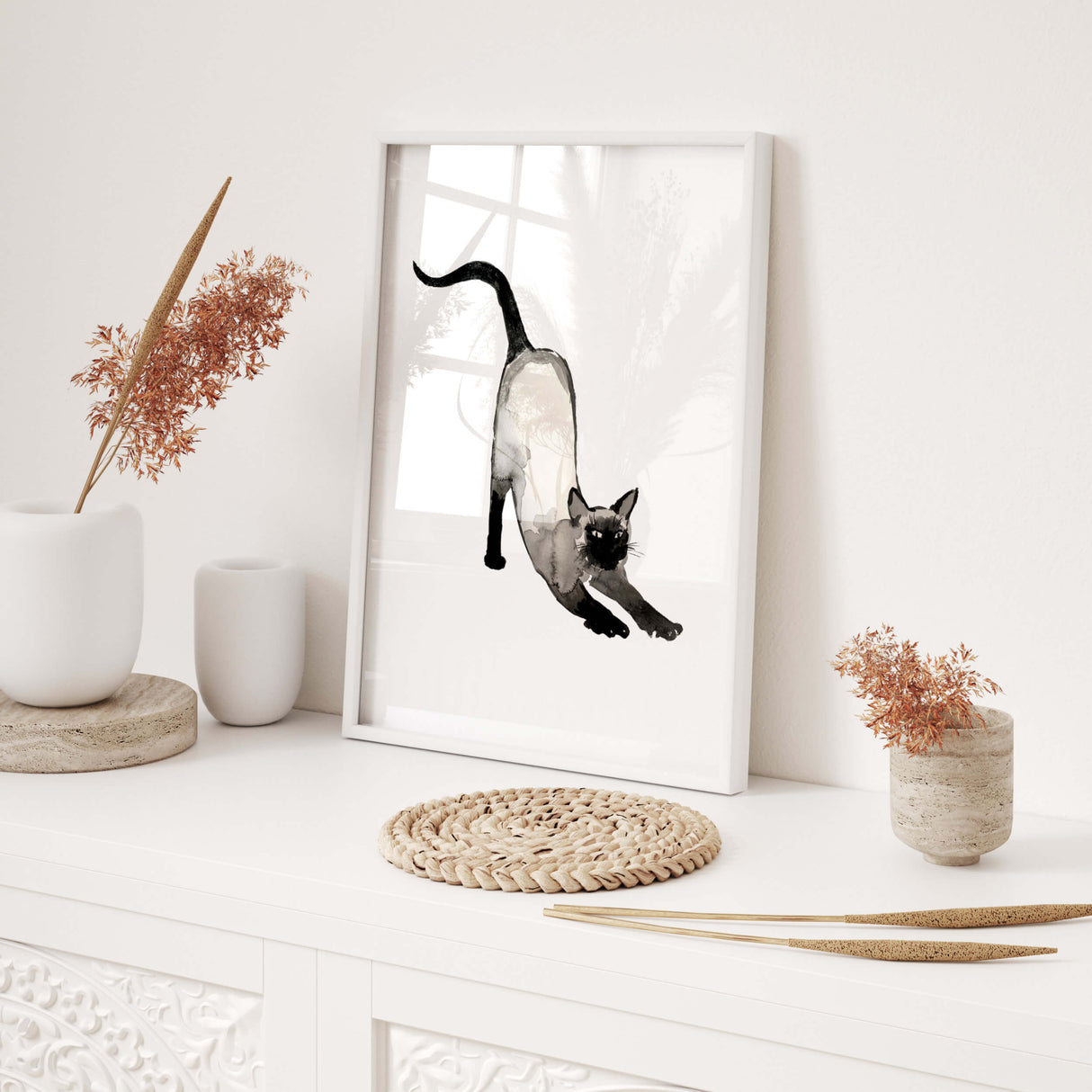 Watercolor japanese siamese cat print for japandi home decor, wabi-sabi home decor, beige black home decor.