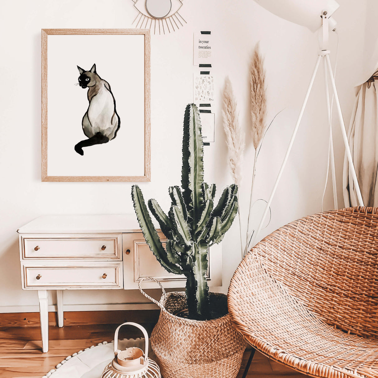 Watercolor japanese siamese cat poster for japandi home decor, wabi-sabi home decor, beige black home decor.