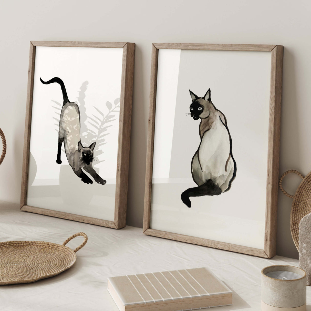Watercolor japanese siamese cat print for japandi home decor, wabi-sabi home decor, beige black home decor.