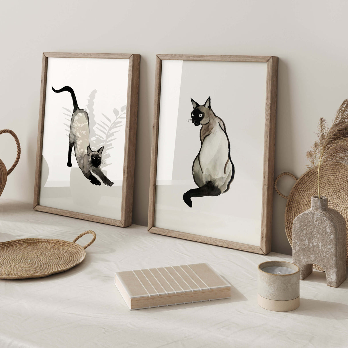 Watercolor japanese siamese cat printable for japandi home decor, wabi-sabi home decor, beige black home decor.