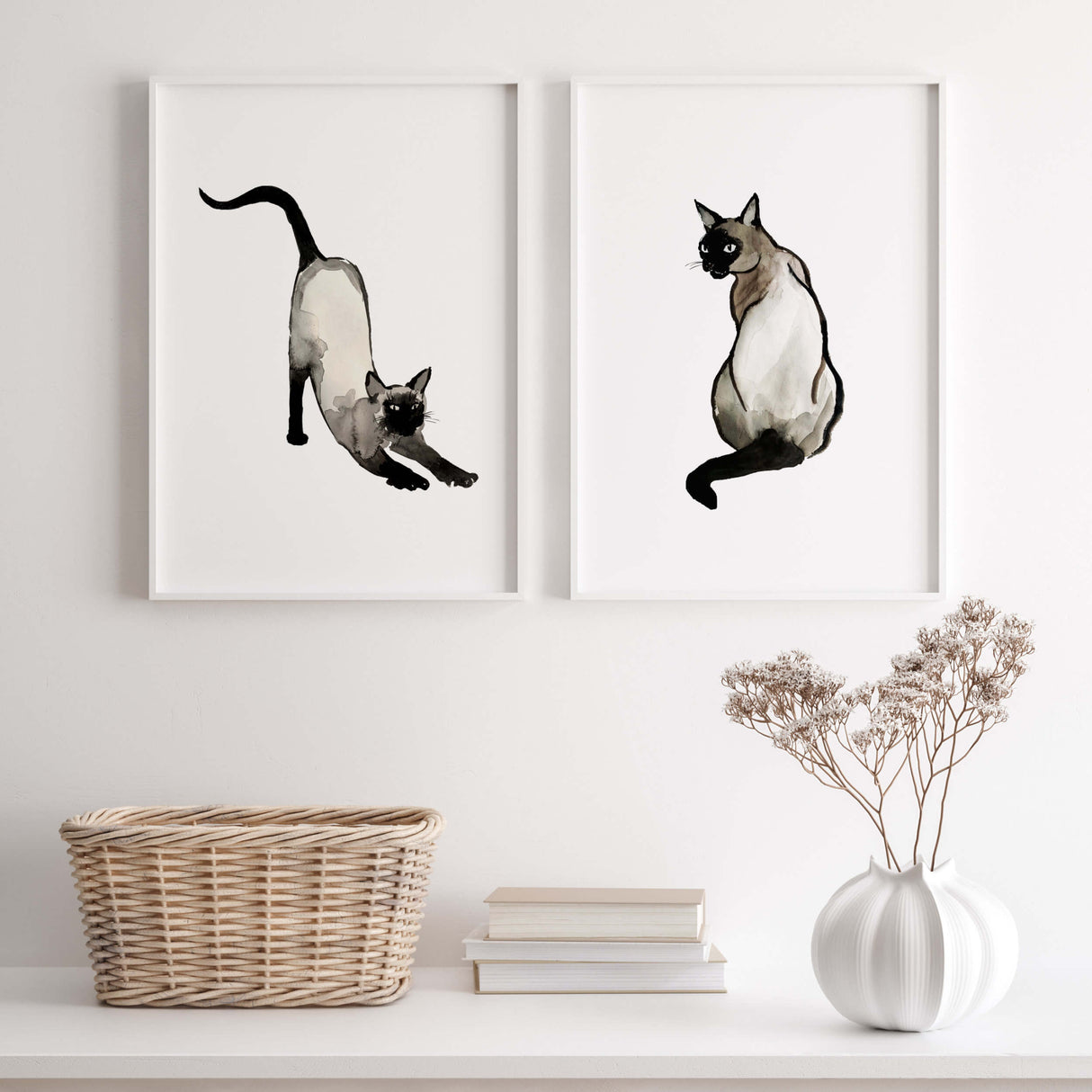 Watercolor japanese siamese cat print for japandi home decor, wabi-sabi home decor, beige black home decor.