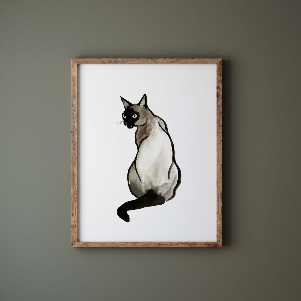 Watercolor japanese siamese cat printable for japandi home decor, wabi-sabi home decor, beige black home decor.