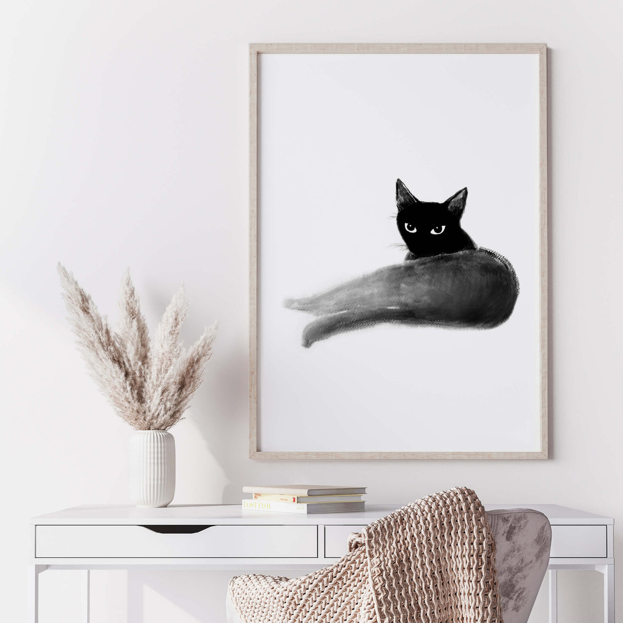 Abstract japandi black cat poster for minimalist home decor, abstract home decor, japandi home decor.