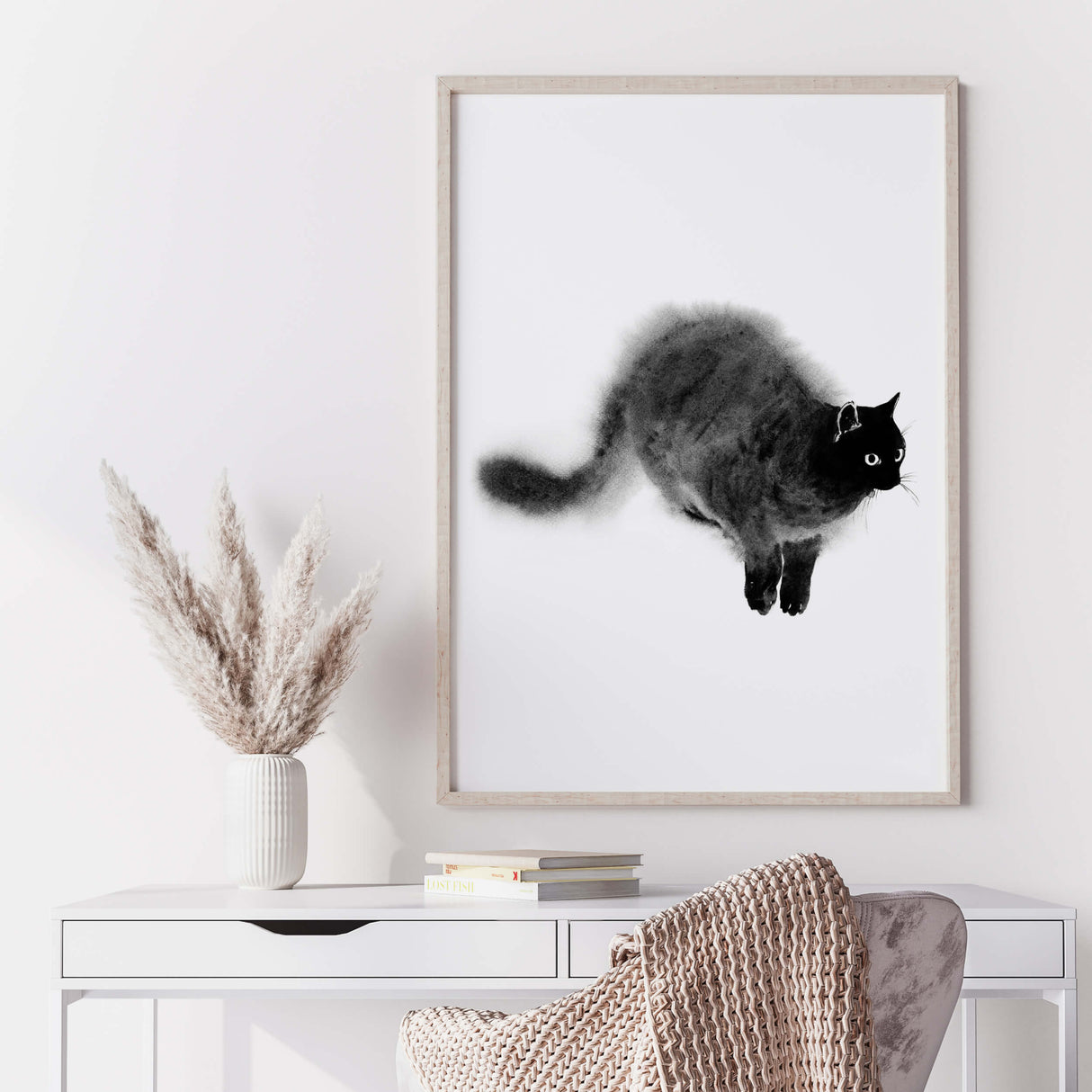 Abstract japandi black cat print for minimalist home decor, abstract home decor, japandi home decor, wabi sabi home decor.