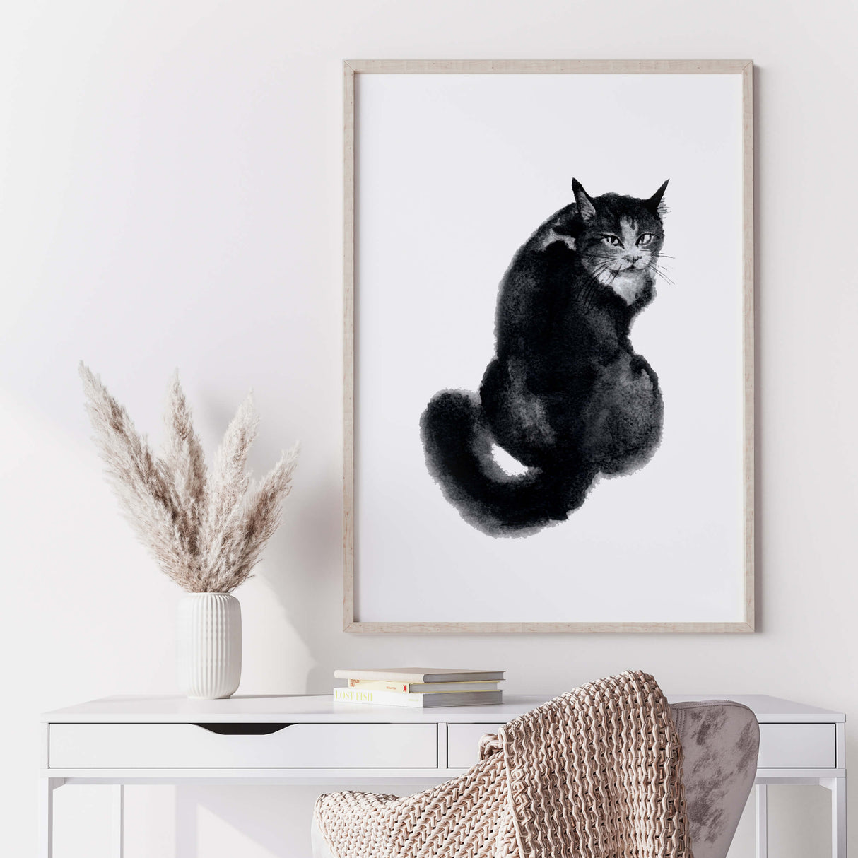 Abstract japandi black cat printable for minimalist home decor, abstract home decor, japandi home decor.