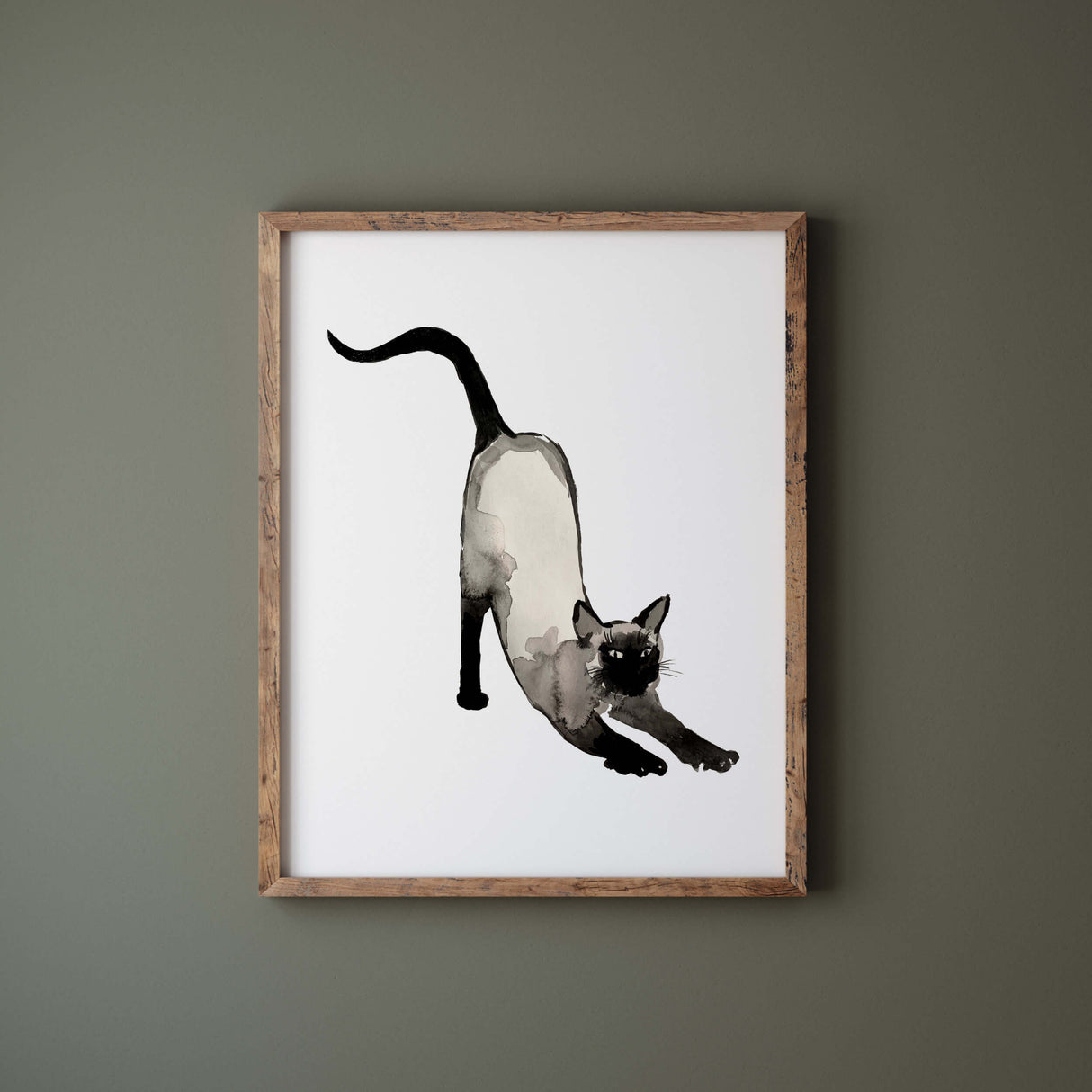 Watercolor japanese siamese cat poster for japandi home decor, wabi-sabi home decor, beige black home decor.