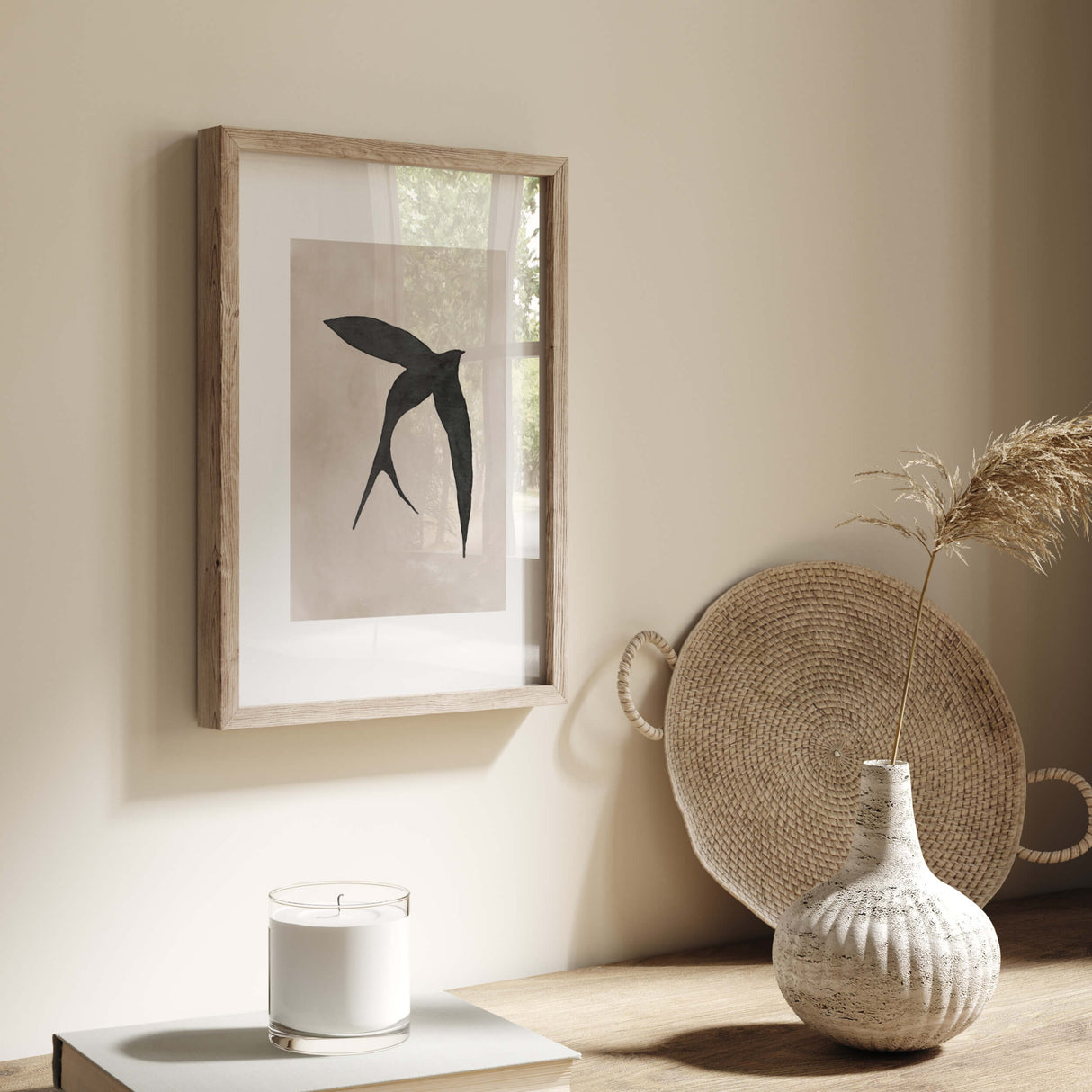 Set of 3 watercolor wabi-sabi black bird print with beige background for wabi sabi home decor, minimalist home decor, beige home decor