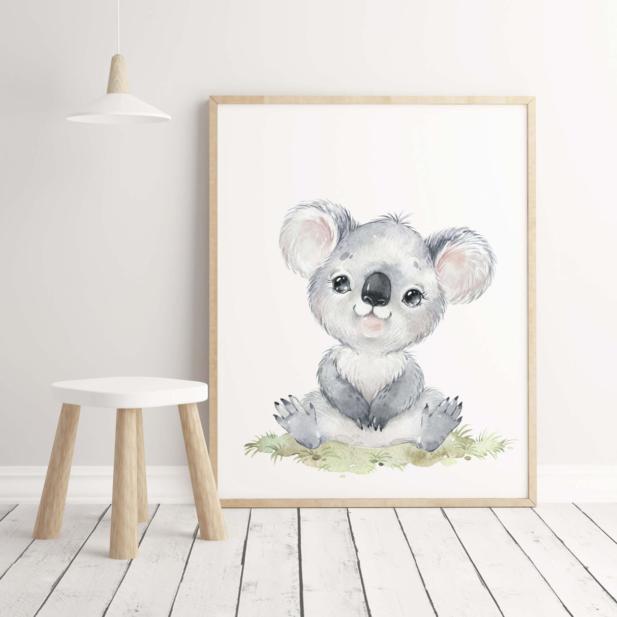 Watercolor safari animal with koala print for gender neutral nursery decor and ideas, boho nursery decor.
