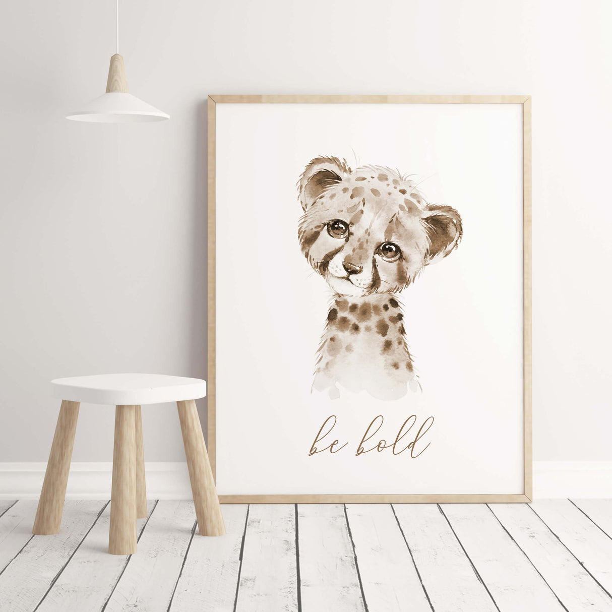 Watercolor leopard print with be bold inspirational quote in brown, beige colors for gender neutral nursery decor, boho nursery decor.