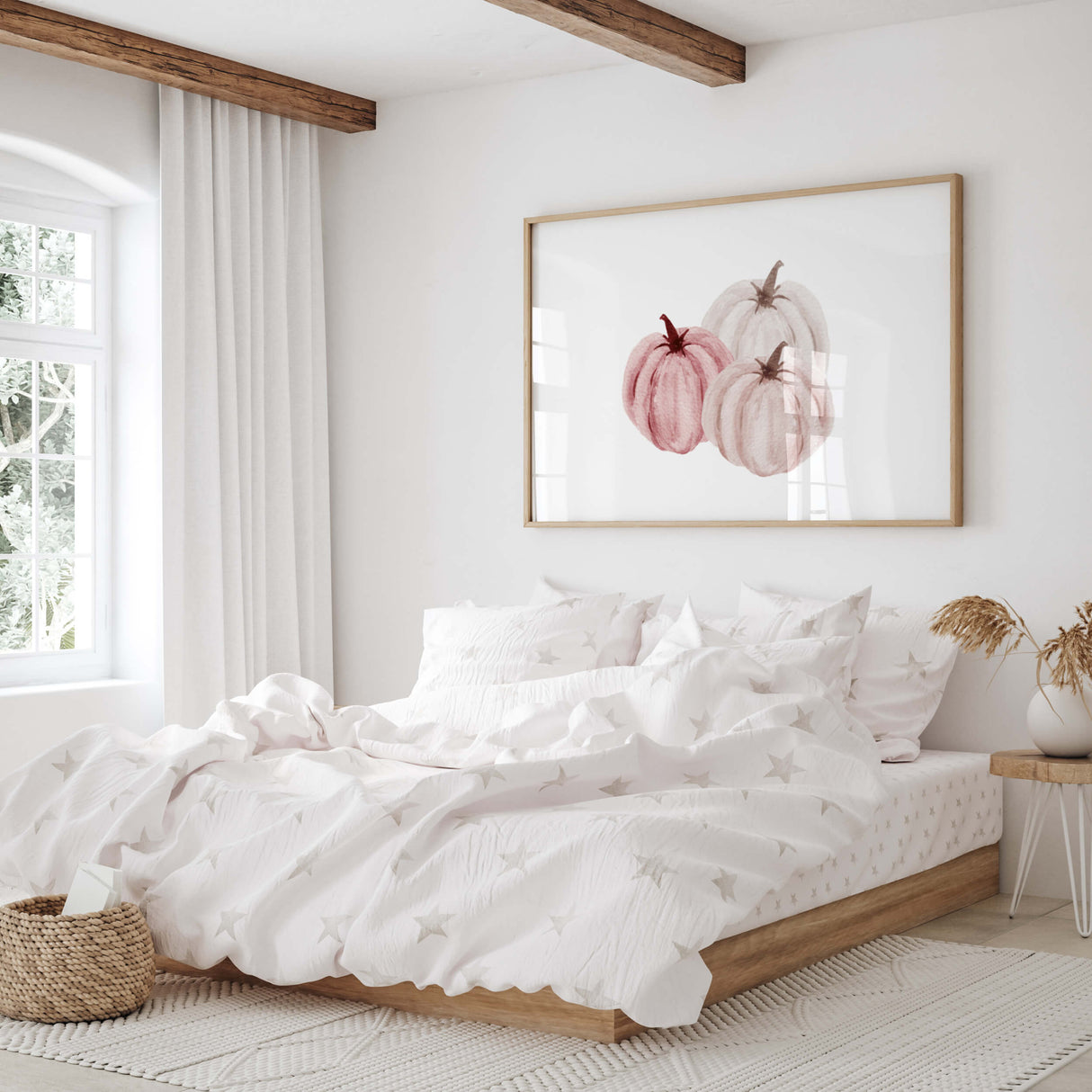 Watercolor pink burgundy white pumpkin poster for autumn bedroom decor.