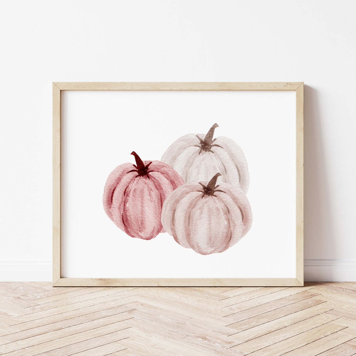 Watercolor pink burgundy white pumpkin printable for autumn girls home decor.