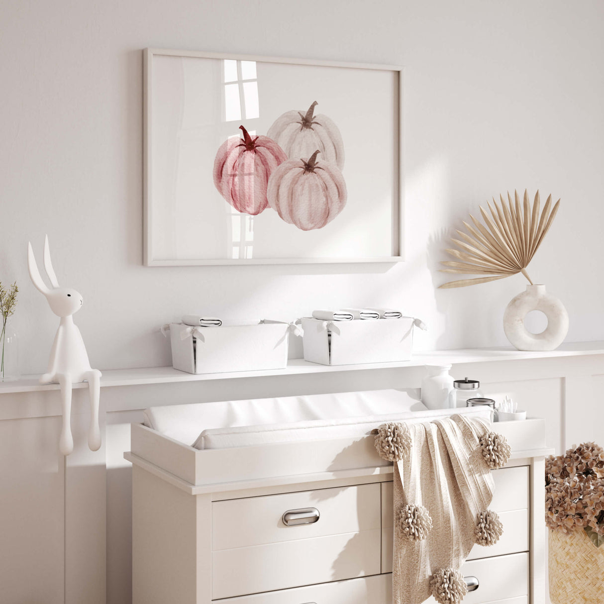 Watercolor burgundy white pink pumpkin print for autumn pink nursery decor.