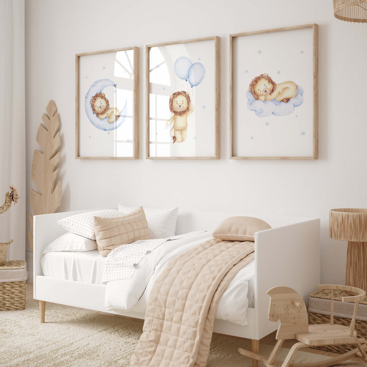 Watercolor lion printable in light blue, brown, beige colors with cloud, moon, and balloon for baby boys room decor, toddler room decor.