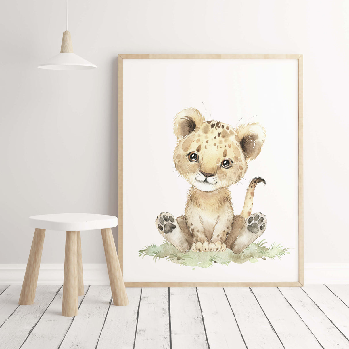 Watercolor safari animal with lion print for gender neutral nursery decor and ideas, boho nursery decor.