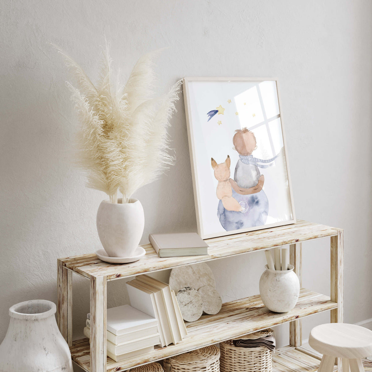 Watercolor little prince with brown hair poster for toddler room decor,baby boys room decor, nursery decor.