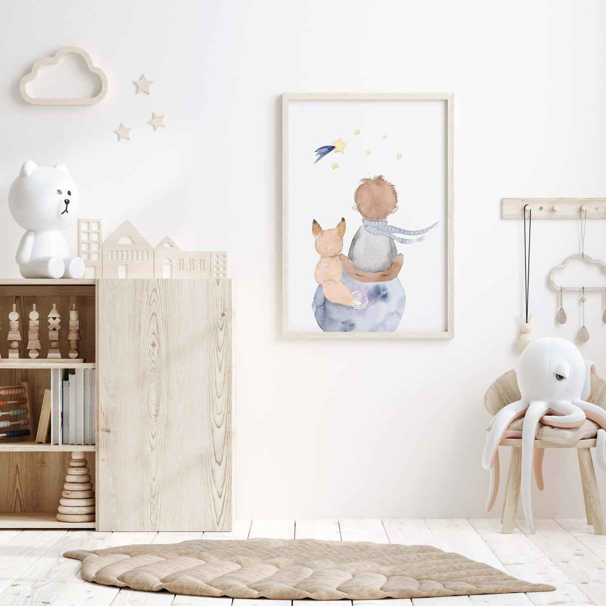 Watercolor little prince with brown hair printable for toddler room decor,baby boys room decor, nursery decor.