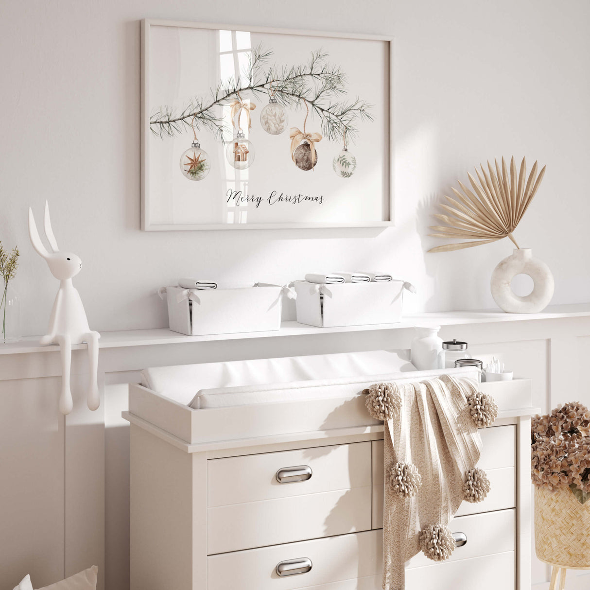 Merry Christmas Print - Pine Branch with Christmas Balls - Christmas Decor - Winter Decor - Horizontal