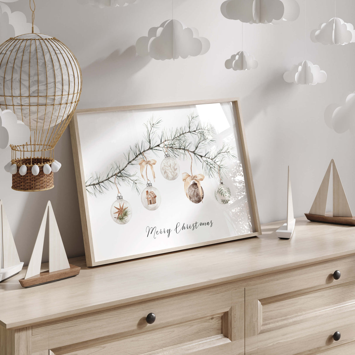 Merry Christmas Print - Pine Branch with Christmas Balls - Christmas Decor - Winter Decor - Horizontal