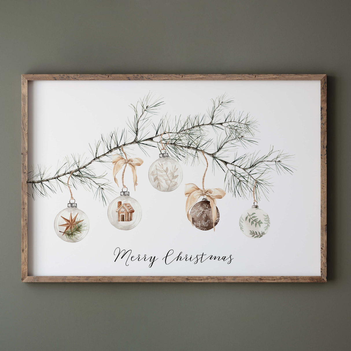 Merry Christmas Print - Pine Branch with Christmas Balls - Christmas Decor - Winter Decor - Horizontal