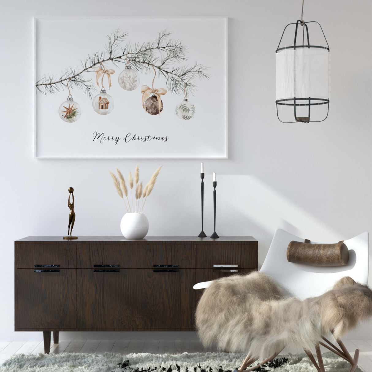 Merry Christmas Print - Pine Branch with Christmas Balls - Christmas Decor - Winter Decor - Horizontal