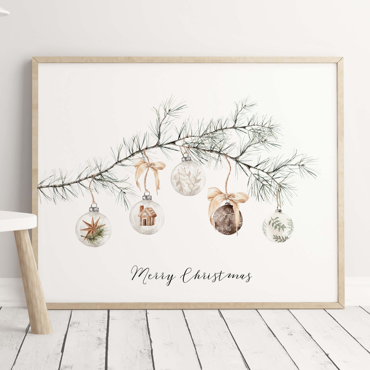 Merry Christmas Print - Pine Branch with Christmas Balls - Christmas Decor - Winter Decor - Horizontal