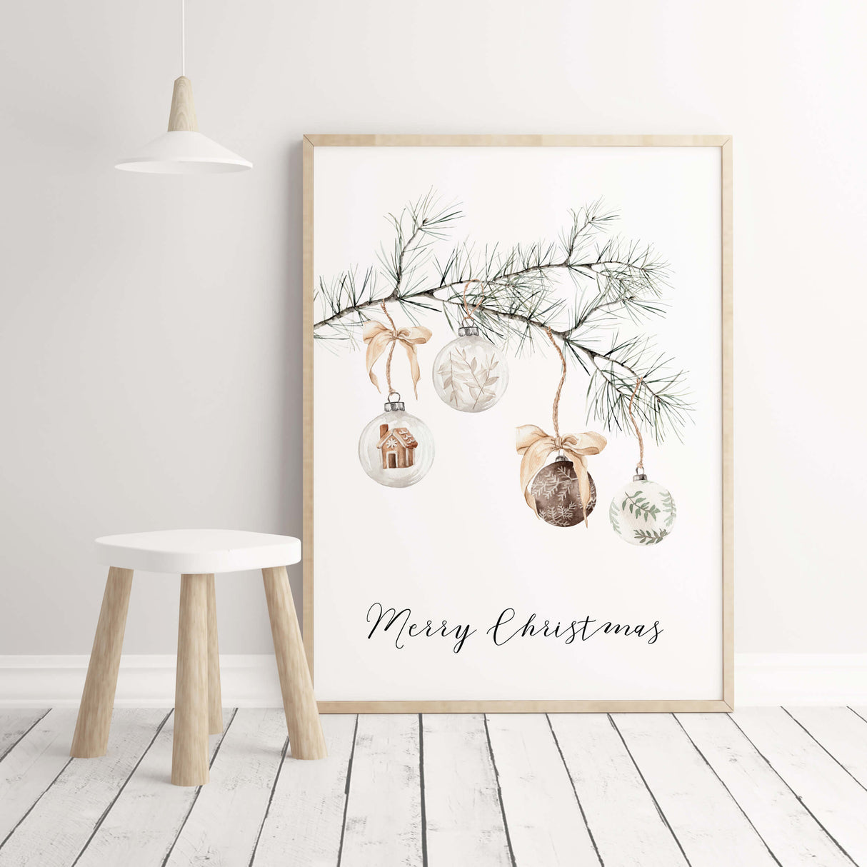 Watercolor pine branch with christmas balls and Merry Christmas quote  print in sage green, beige, brown colors for christmas neutral home decor and beige home decor.