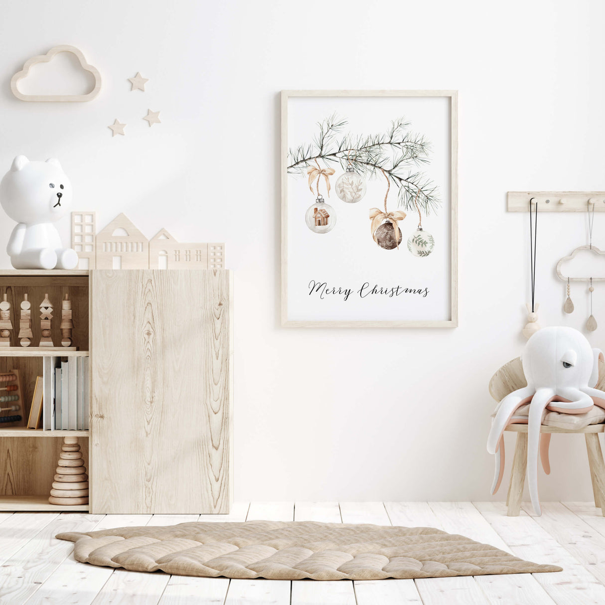 Watercolor pine branch with christmas balls and Merry Christmas quote  poster in sage green, beige, brown colors for nursery christmas decor and winter nursery decor.