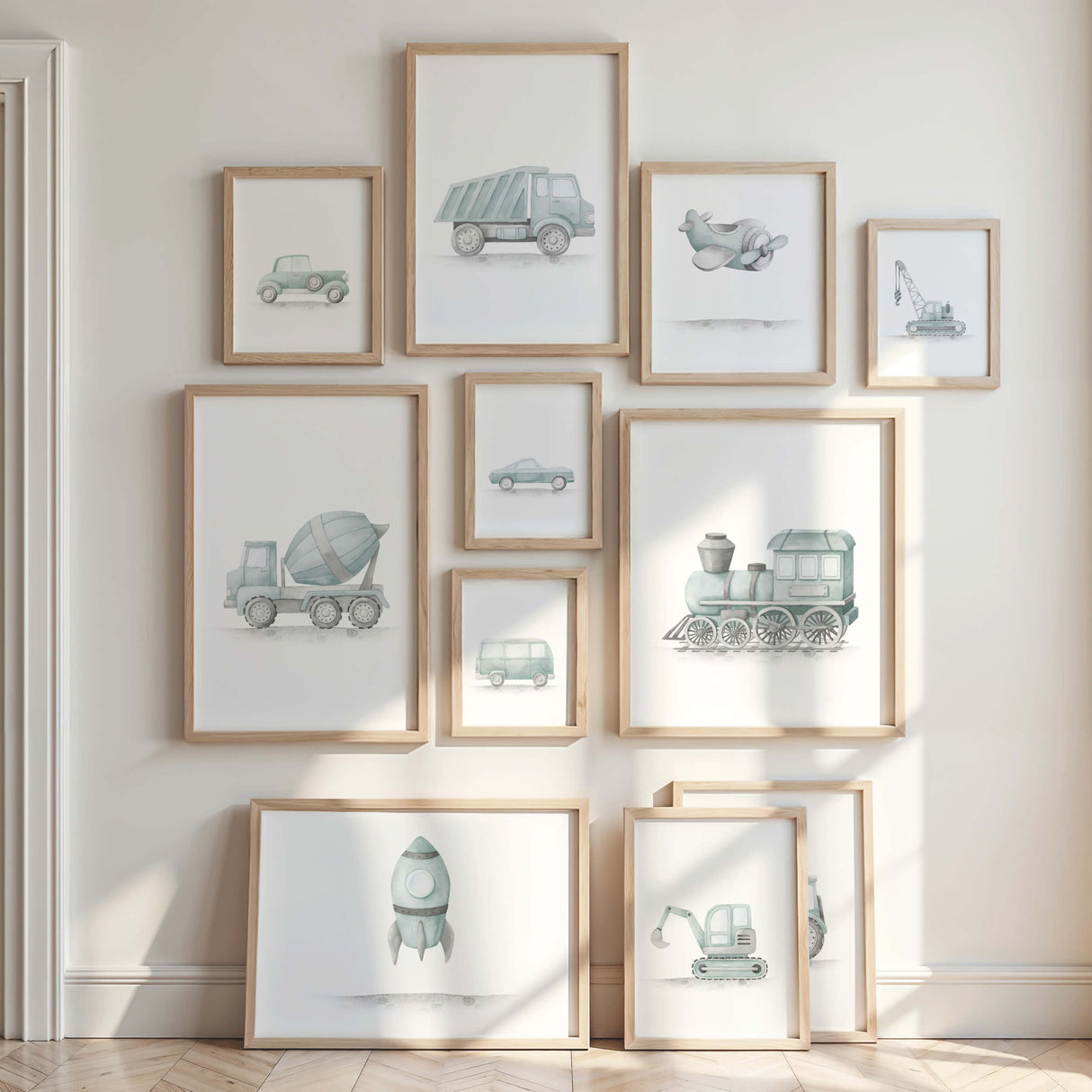 Watercolor mint green vehicle prints for boys room and nursery wall decor.