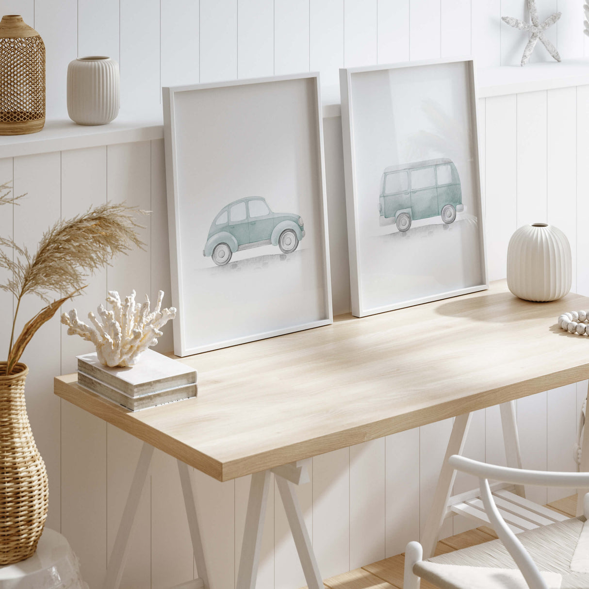 Mint green construction vehicle prints for modern kids room wall decor.