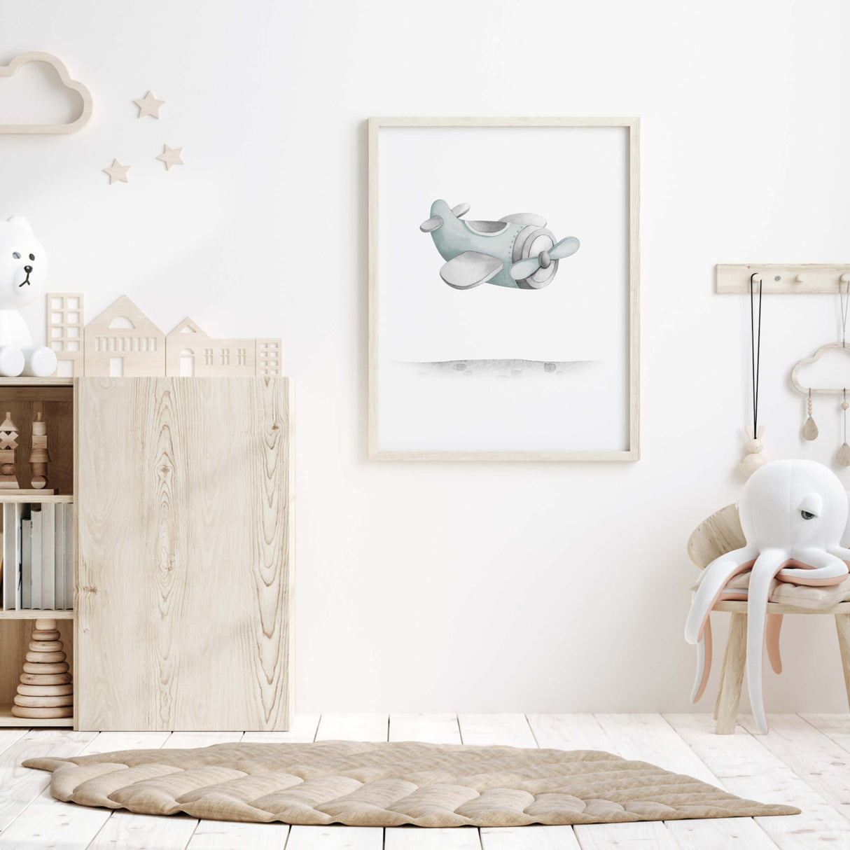 Minimalist mint green watercolor nursery prints transport theme wall art.