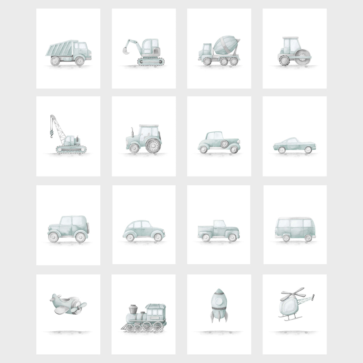 Gender neutral transport wall art set with airplane, rocket, and train prints.