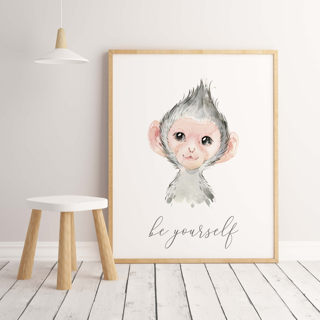 Watercolor monkey print with be yourself inspirational quote for gender neutral nursery decor, boho nursery decor.