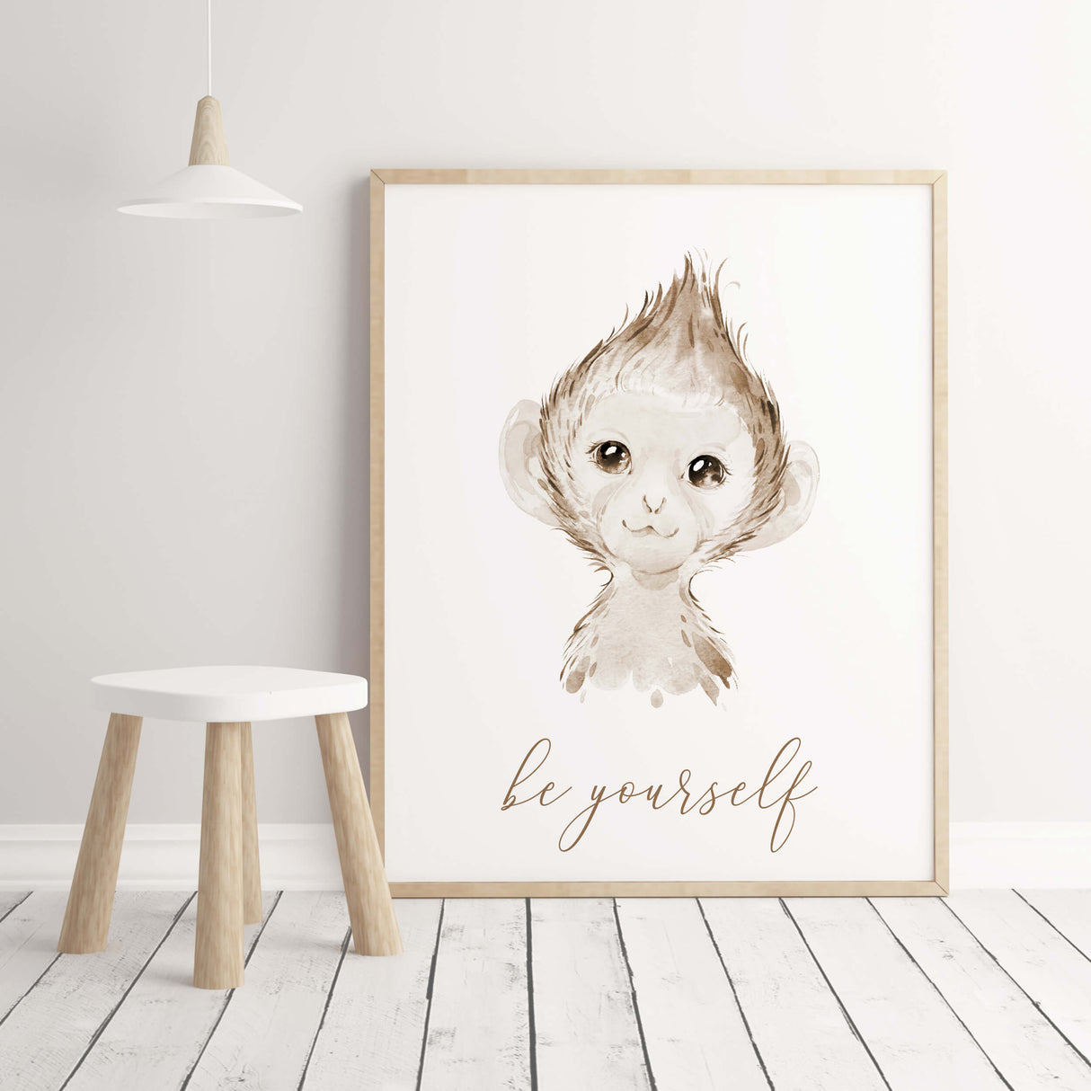 Watercolor monkey print with be yourself inspirational quote in brown, beige colors for gender neutral nursery decor, boho nursery decor, beige brown nursery decor, boho nursery decor.