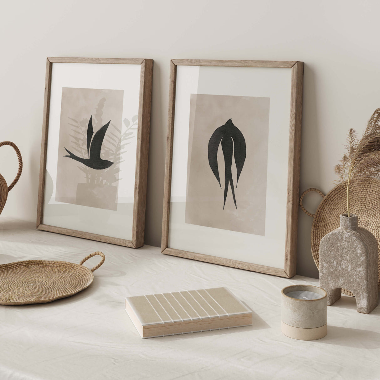 Set of 3 watercolor wabi-sabi black bird printable with beige background for wabi sabi home decor, minimalist home decor, beige home decor