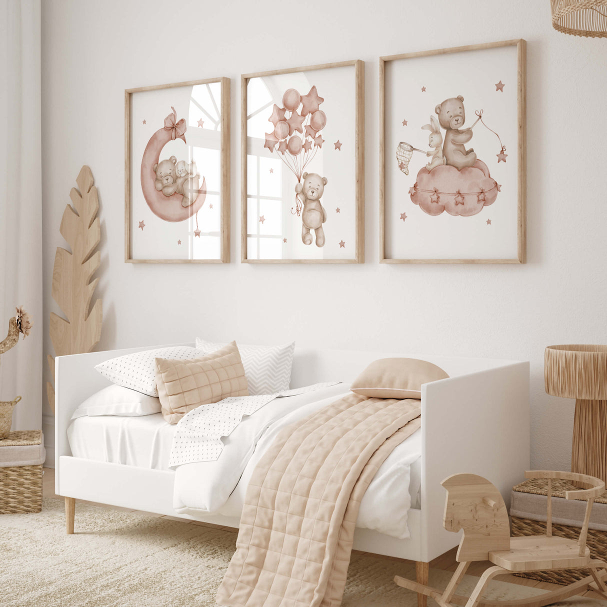 Watercolor teddy bear with bunny printable in terracotta, burgundy and brown color for gender neutral nursery decor, toddler room decor, baby girls nursery decor, boho nursery decor.