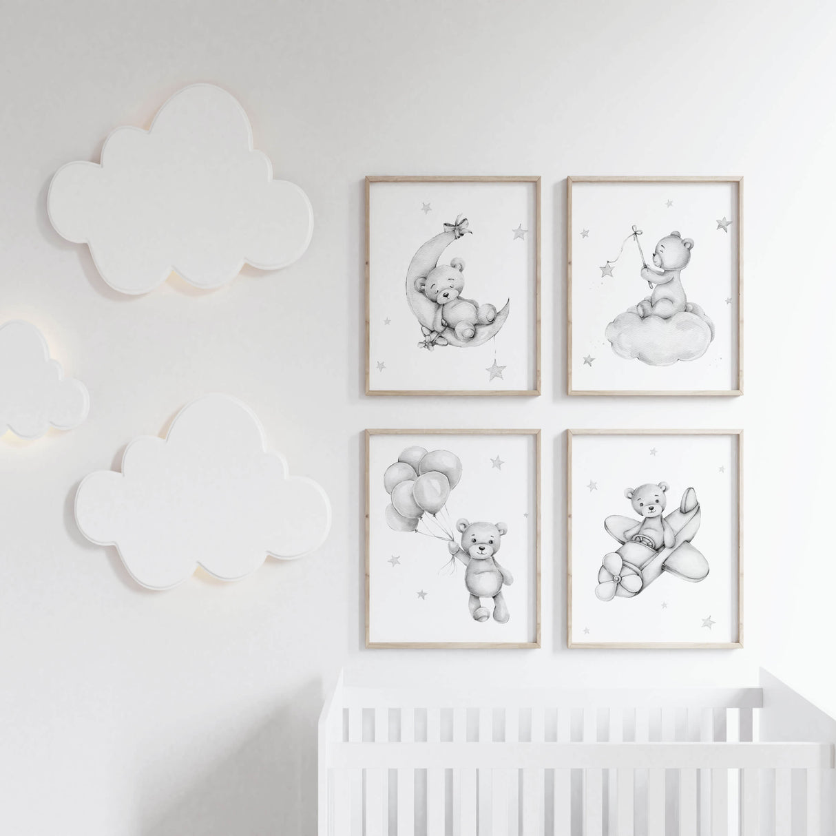 Set of 4 watercolor teddy bear print in gray color for neutral nursery decor.