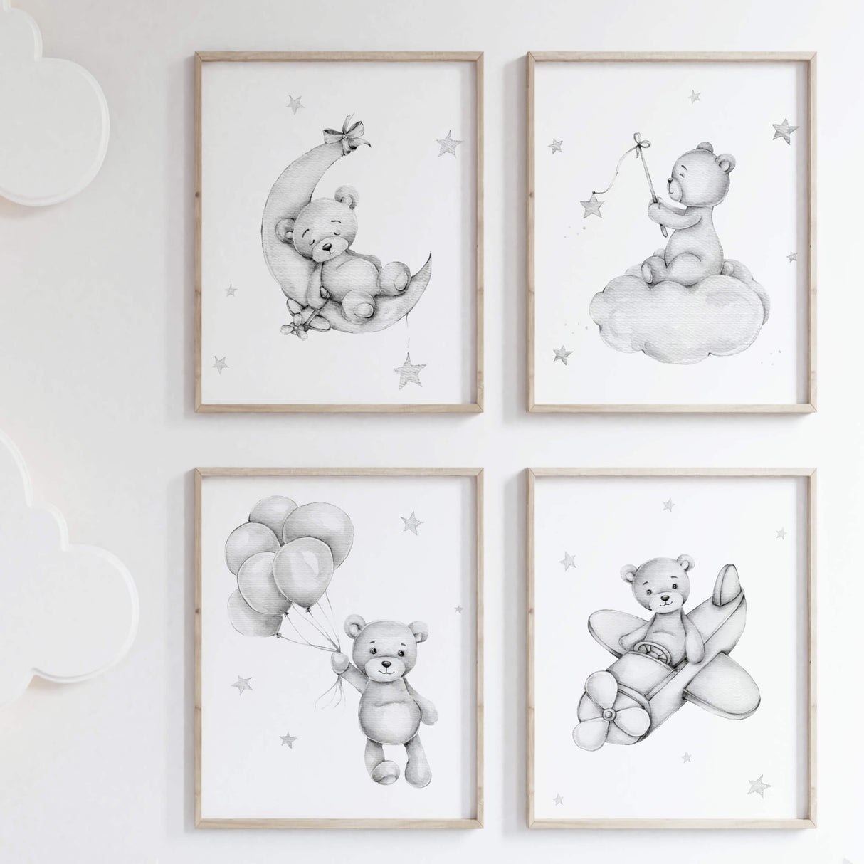Watercolor teddy bear print in gray color for neutral nursery decor.