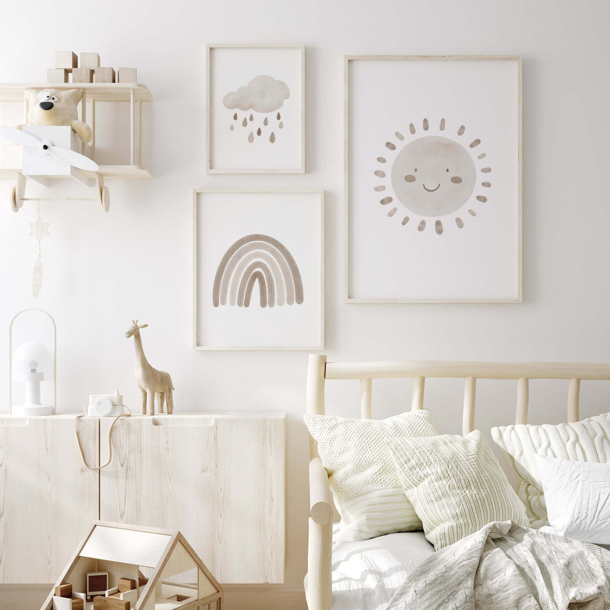 Watercolor boho nursery print with rainbow, sunshine, rain cloud and hearts in  brown and beige colors for gender neutral  nursery decor and kids decor, baby boys room decor, baby girls room decor, boho nursery decor, beige nursery decor.