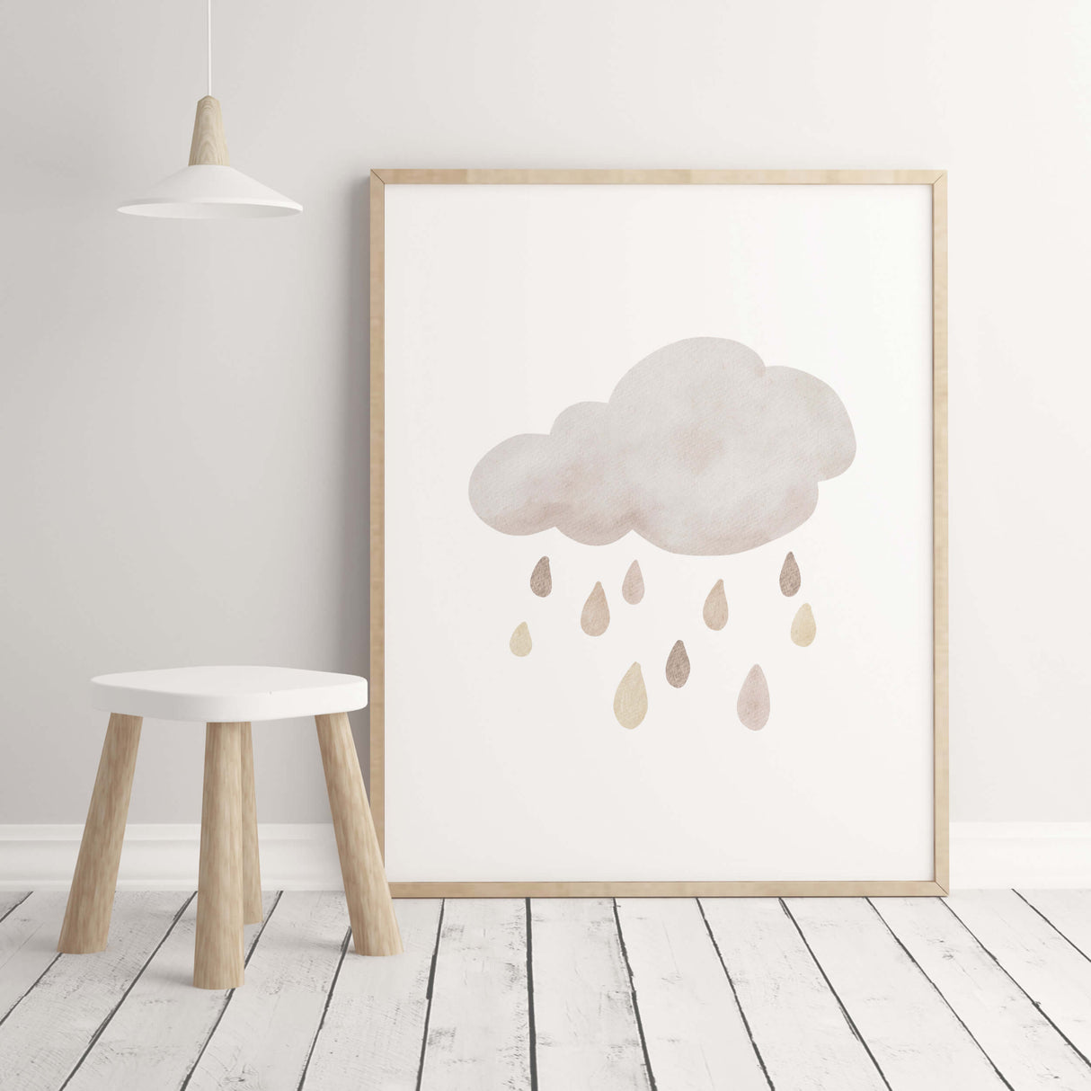 Watercolor boho nursery print with rainy cloud and hearts in pink, brown and beige colors for gender neutral  nursery decor and boho nursery decor, baby girls room decor.