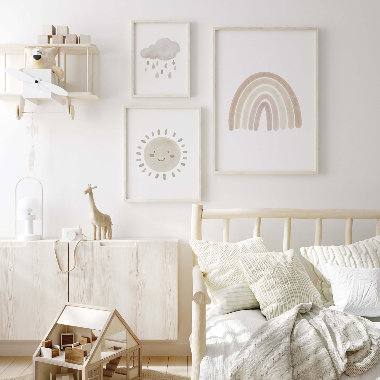 Set of 3 watercolor boho nursery print with rainbow, sunshine, rain cloud in pink, brown and beige colors for gender neutral nursery decor and boho nursery decor, baby girls room decor.