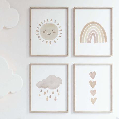 Set of 4 watercolor boho nursery print with rainbow, sunshine, rain cloud and hearts in pink, brown and beige colors for gender neutral  nursery decor and boho nursery decor, baby girls room decor.
