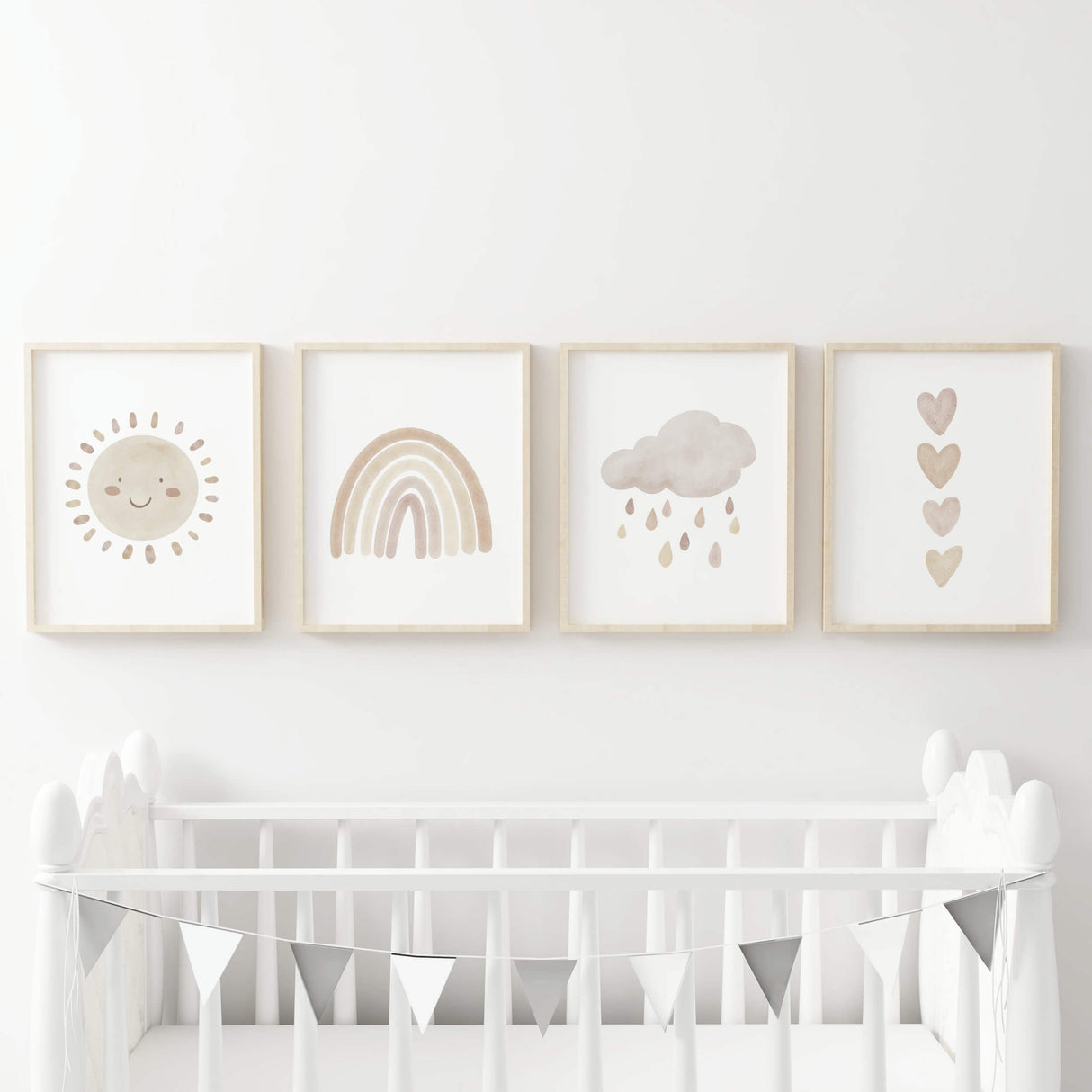 Set of 4 watercolor boho nursery print with rainbow, sunshine, rain cloud and hearts in pink, brown and beige colors for gender neutral  nursery decor and boho nursery decor, baby girls room decor.