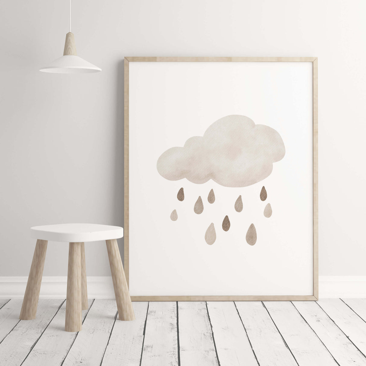 Watercolor boho nursery print with rainy cloud in  brown and beige colors for gender neutral  nursery decor and kids decor, baby boys room decor, baby girls room decor, boho nursery decor.