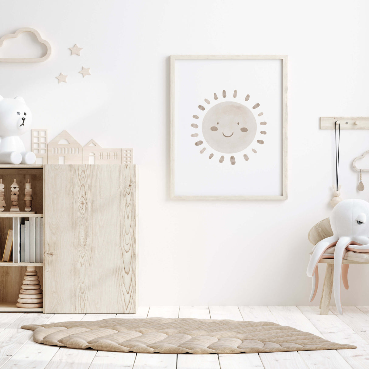 Set of 4 watercolor boho nursery print with sunshine in  brown and beige colors for gender neutral  nursery decor and kids decor, baby boys room decor, baby girls room decor, boho nursery decor.