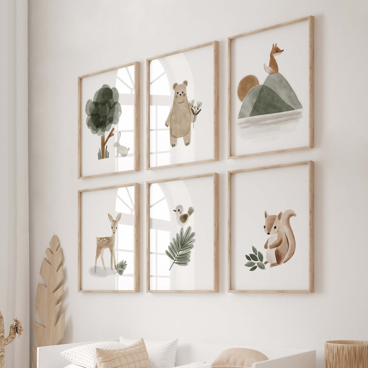 Set of 6 watercolor boho woodland print with sage green and brown color for neutral nursery decor.