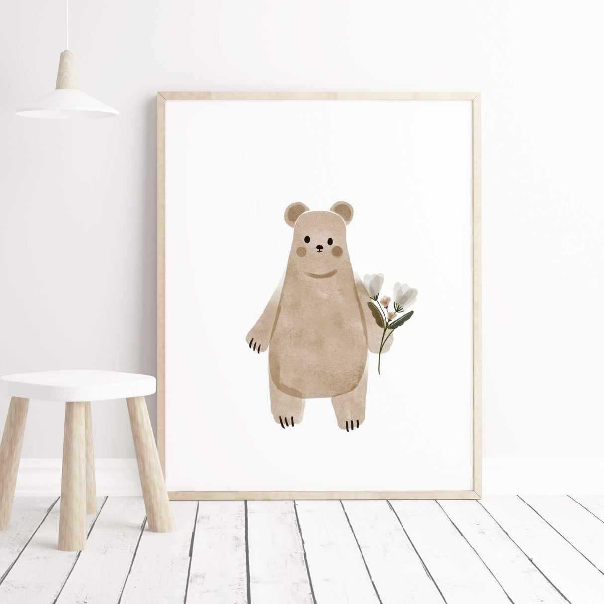 Watercolor woodland nursery print with bear and flower in sage green, gray,brown, beige color for neutral nursery decor.