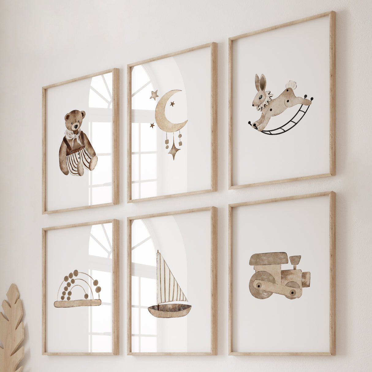 Set of 6 watercolor toys print for gender neutral nursery ideas.