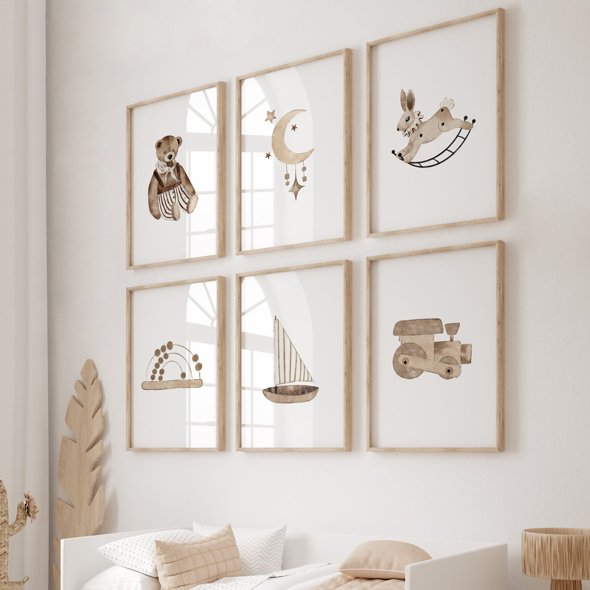 Set of 6 watercolor beige and brown toys nursery printable for neutral nursery decor, boys room decor and girls room decor.