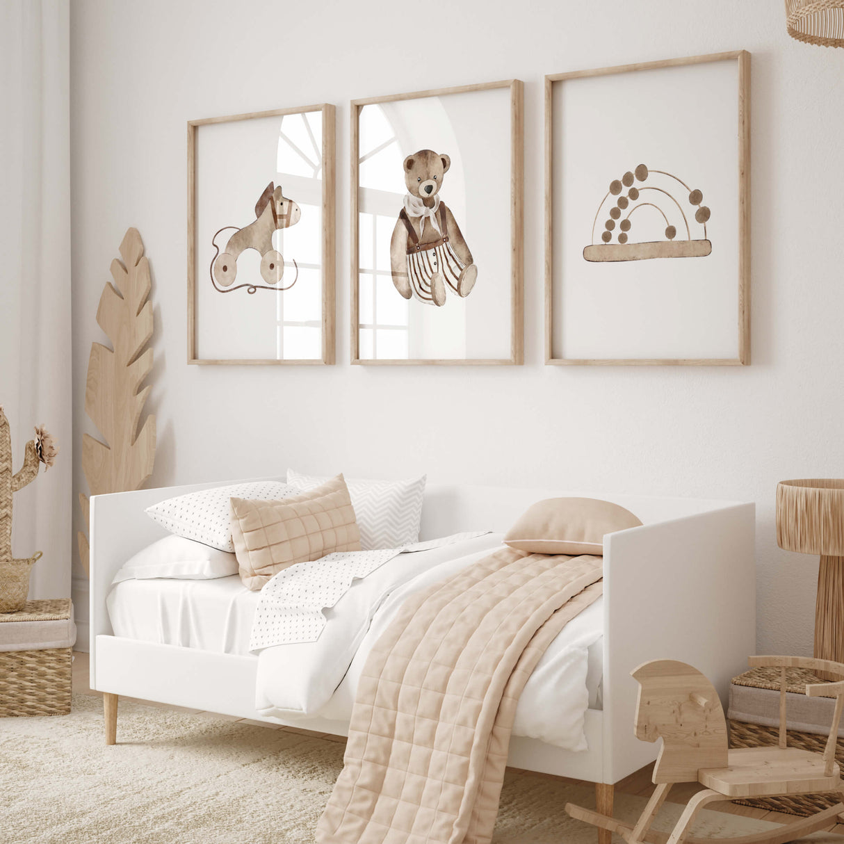 Set of 3 watercolor toys print with beige and brown color for neutral nursery ideas and decor.